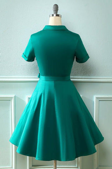 Vestido de pescoço verde V do exército dos anos 50 com Bowknot